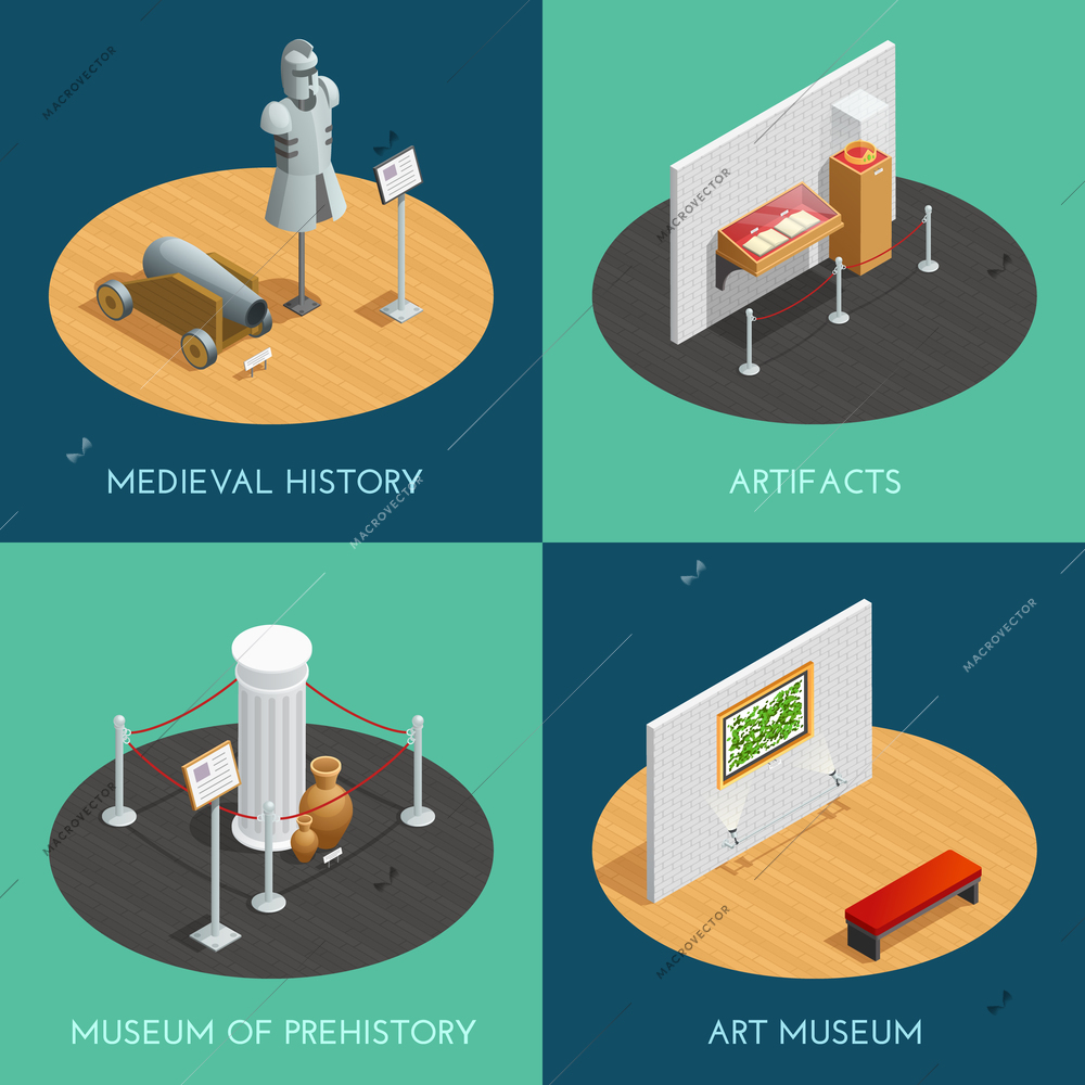 Museum 2x2 compositions presenting different exhibitions prehistory medieval history artifacts and art isometric vector illustration