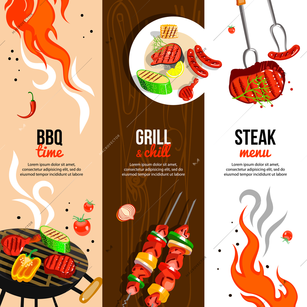 Barbecue party 3 flat vertical banners set with grilled steak sausages and vegetables abstract isolated vector illustration