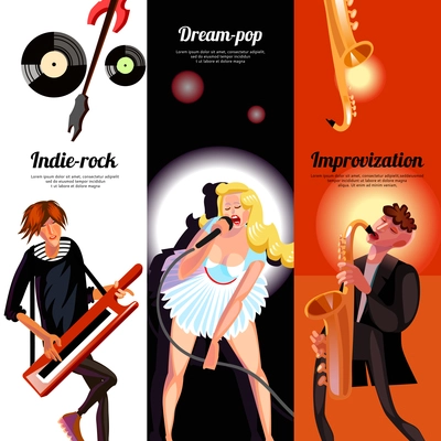 Indie rock dream pop and improvisation vertical bookmarks like banners drawn in cartoon style vector illustration