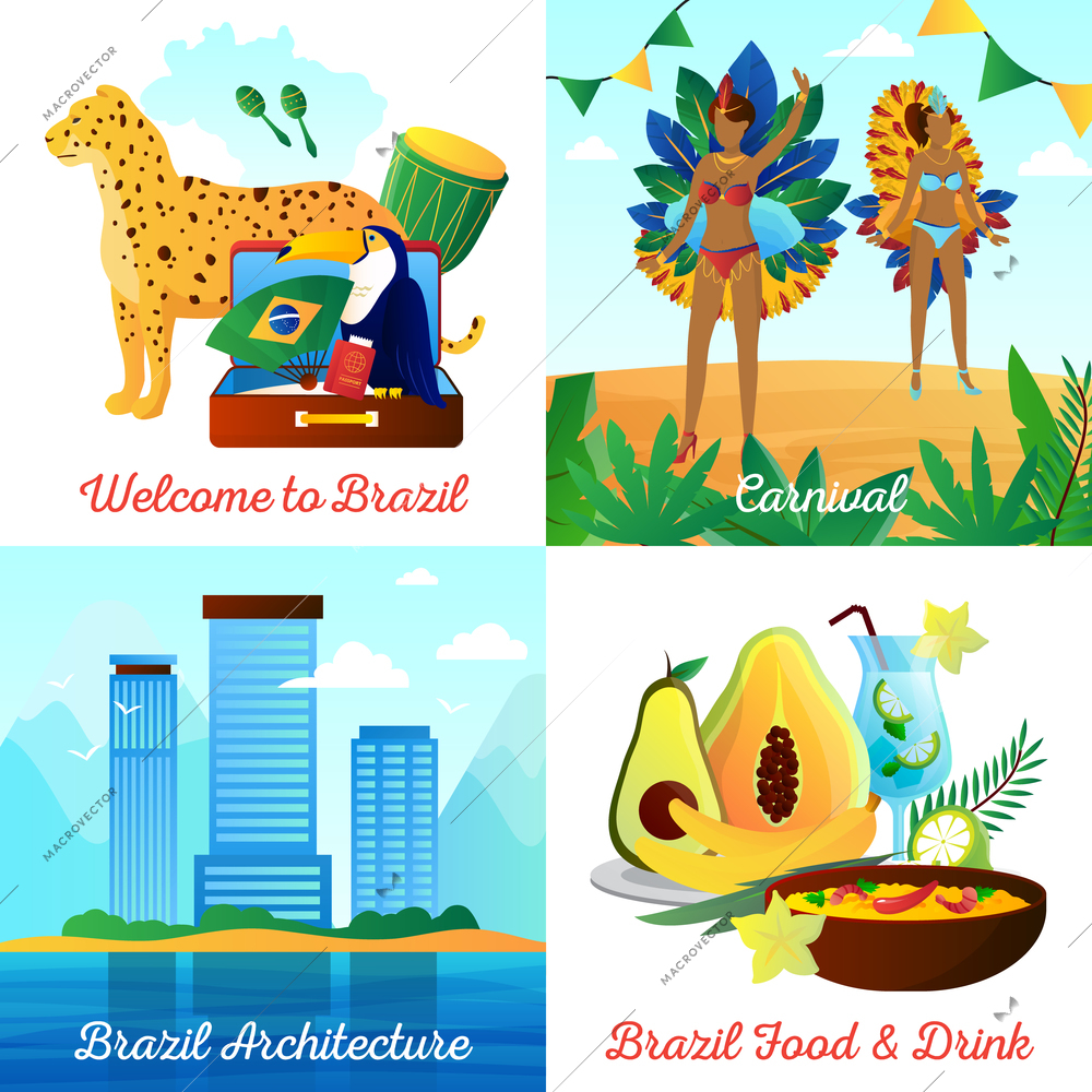 Brazil cultural travel 4 flat icons square composition with landmarks food drinks and national symbols isolated vector illustration