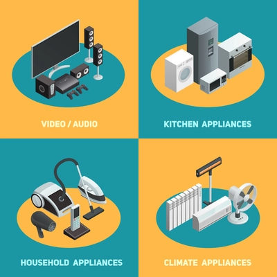 Household appliances 4 isometric icons square poster with video audio apparatus and air conditioners isolated vector illustration