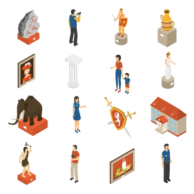 Historical museum building ancient exhibits paintings and visitors isometric icons collection with mammoth abstract isolated vector illustration