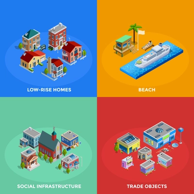 Isometric city 2x2 icons set with low-rise and historic buildings beach and trade objects on colorful background isolated vector illustration