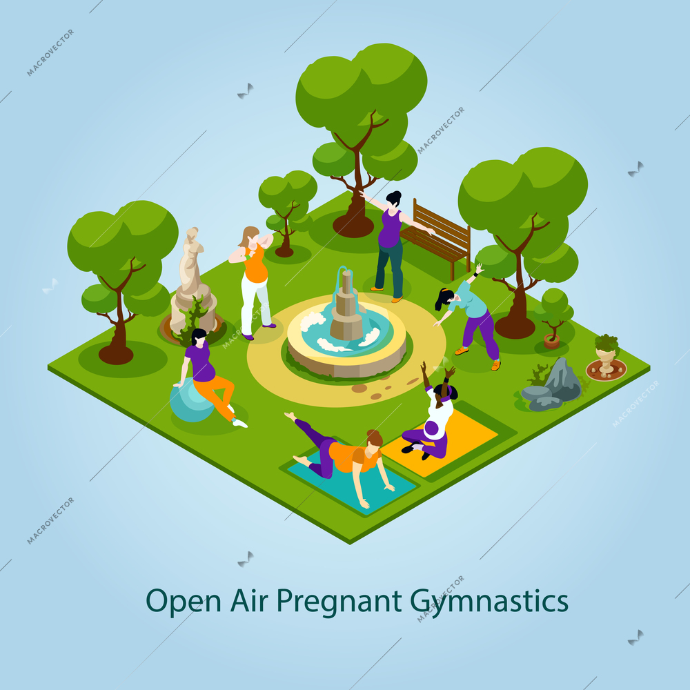 Open Air Gymnastics For Pregnant Concept. Gymnastics For Pregnant Vector Illustration.Women Fitness Decorative Illustration. Pregnant Women Fitness Isometric  Design.