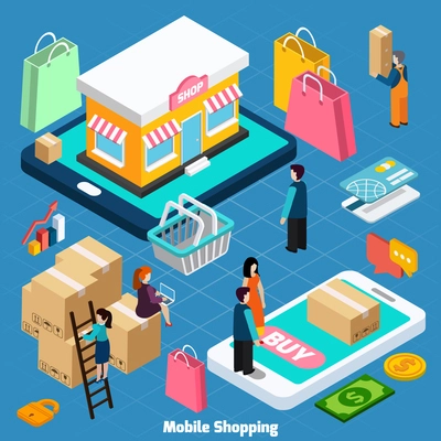 Mobile shopping with related elements isometric concept on blue background vector illustration