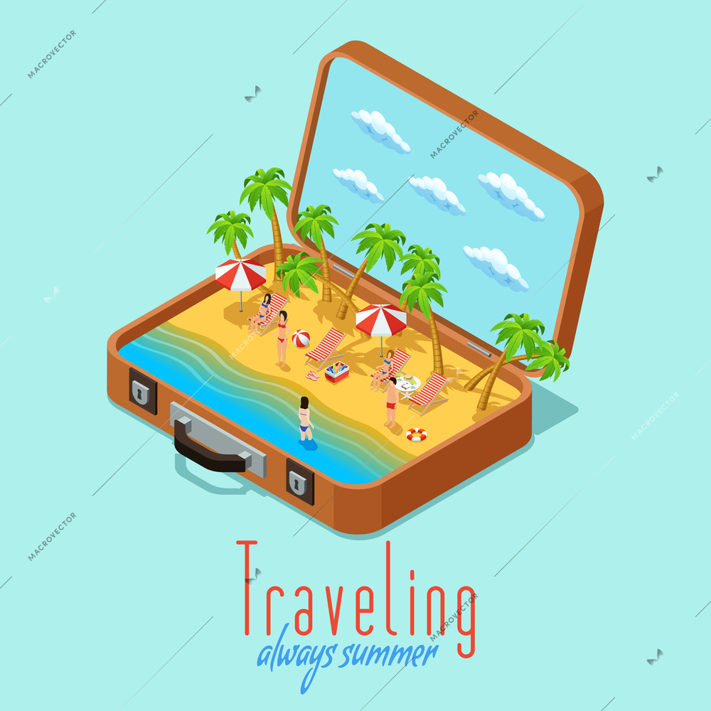 Summer vacation travel isometric poster with vintage suitcase  and sunny palm beach composition retro abstract vector illustration