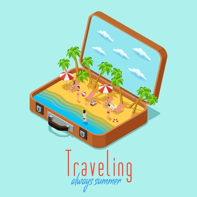 Summer vacation travel isometric poster with vintage suitcase  and sunny palm beach composition retro abstract vector illustration