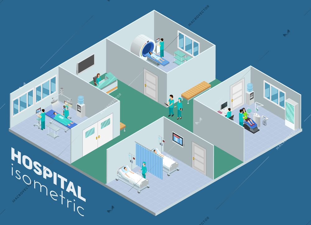 Isometric medical hospital interior view mri scan operation room and intensive care ward poster abstract vector illustration