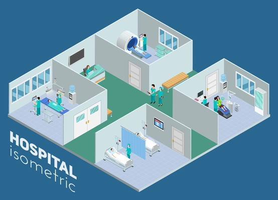 Isometric medical hospital interior view mri scan operation room and intensive care ward poster abstract vector illustration