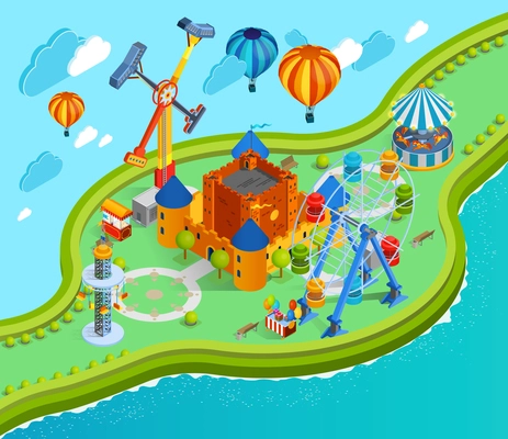 Amusement park isometric cartoon composition with giant swing colorful aerostats with baskets ferris wheel and castle vector illustration