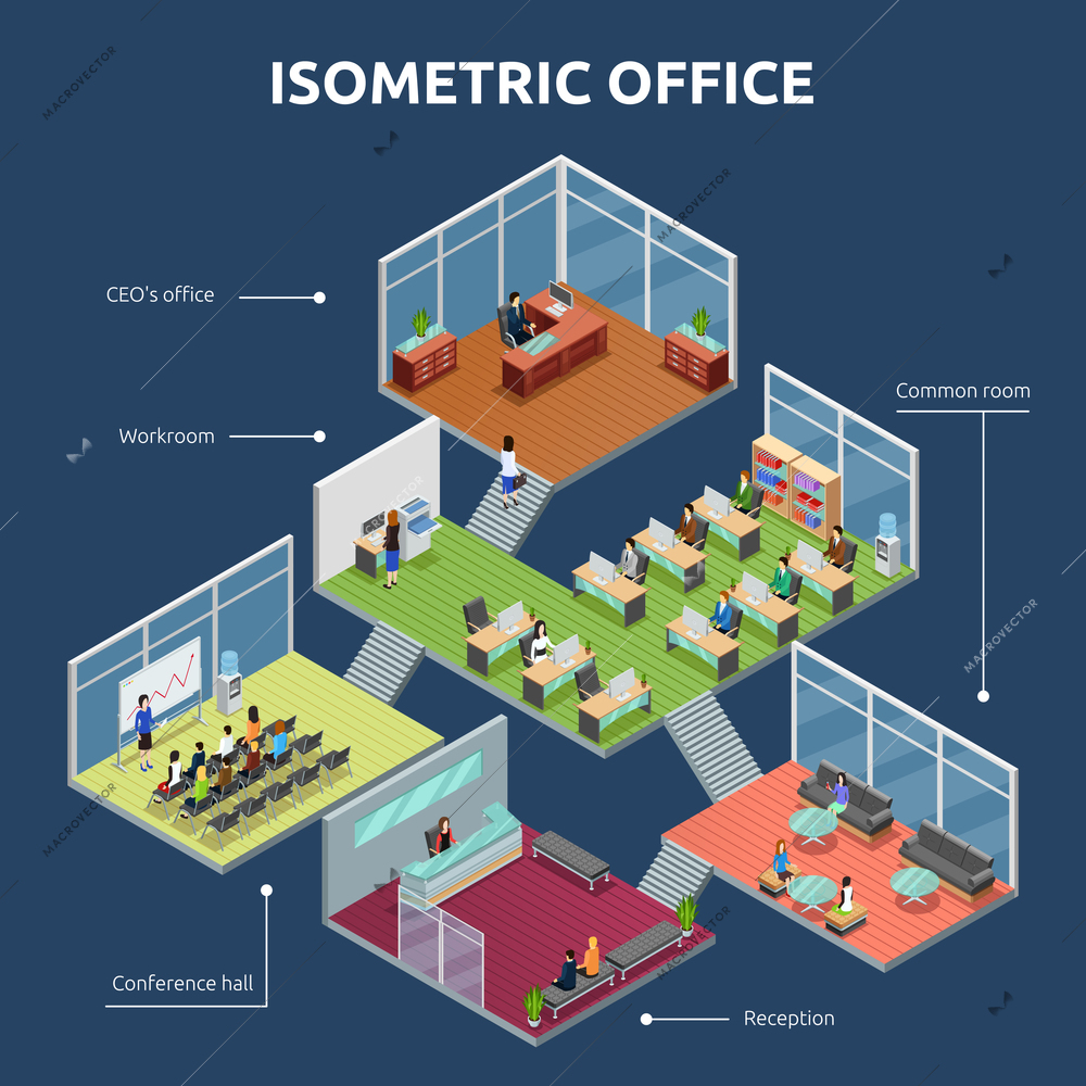 Isometric business organization office 3 storey building plan interior view dark background poster abstract vector illustration