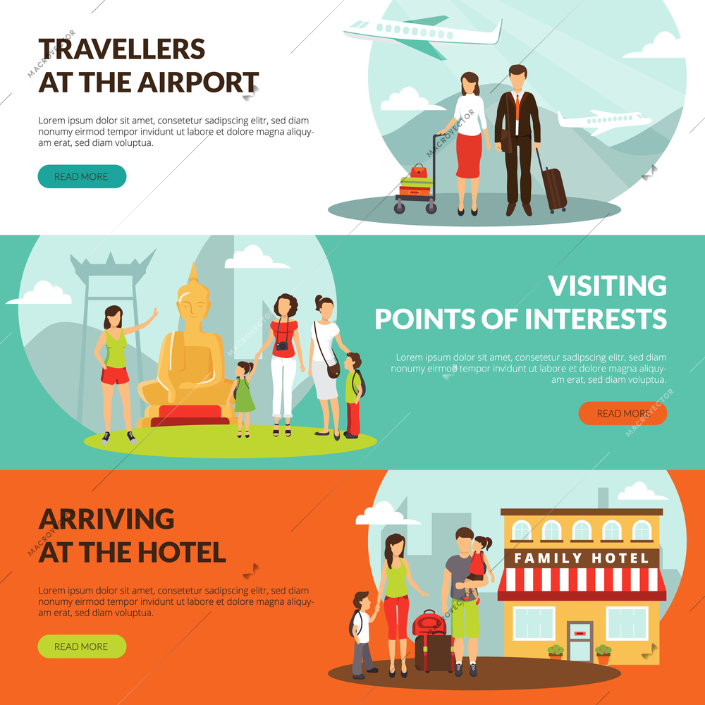 Travelers at airport in hotel and sightseeing excursion horizontal banners set for tourists webpage design vector illustration