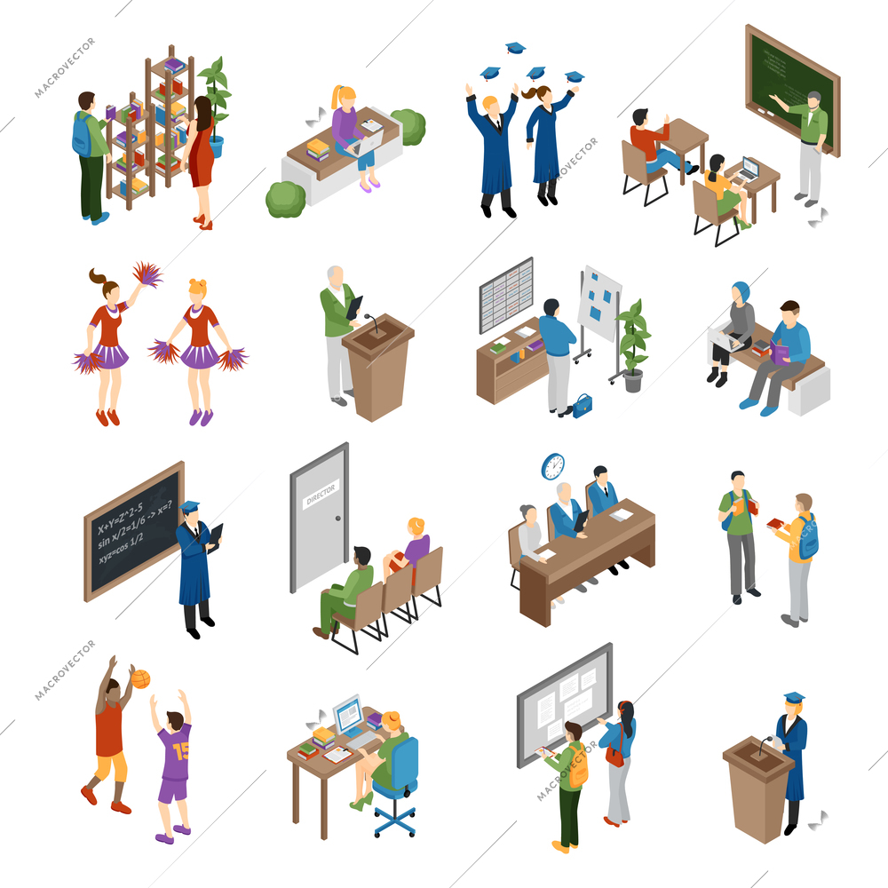 Pupils students graduates and teachers at school college and university isometric set isolated vector illustration