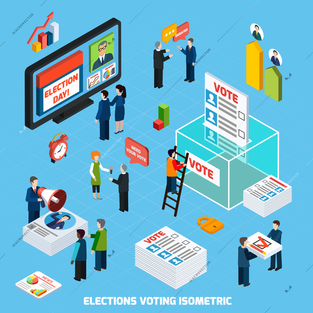 Elections and voting isometric design composition with people busy in tv advertising of election day debates and voter counting flat vector illustration