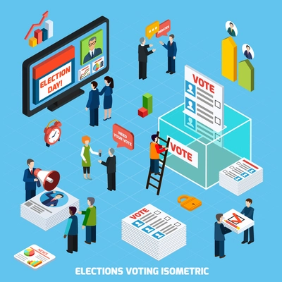 Elections and voting isometric design composition with people busy in tv advertising of election day debates and voter counting flat vector illustration