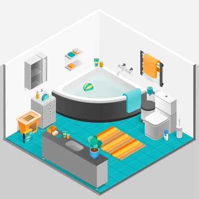 Bathroom interior design with bath mirror and toilet isometric vector illustration