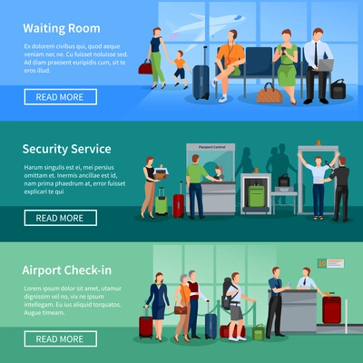 Airport people flat horizontal banners set of passengers in waiting room security screening and registration service vector illustration