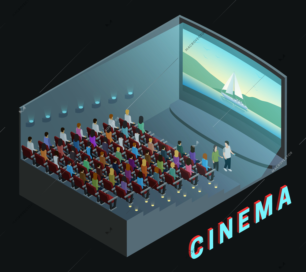 Cinema movie theater indoor auditorium isometric view poster with  watching action film audience abstract vector illustration