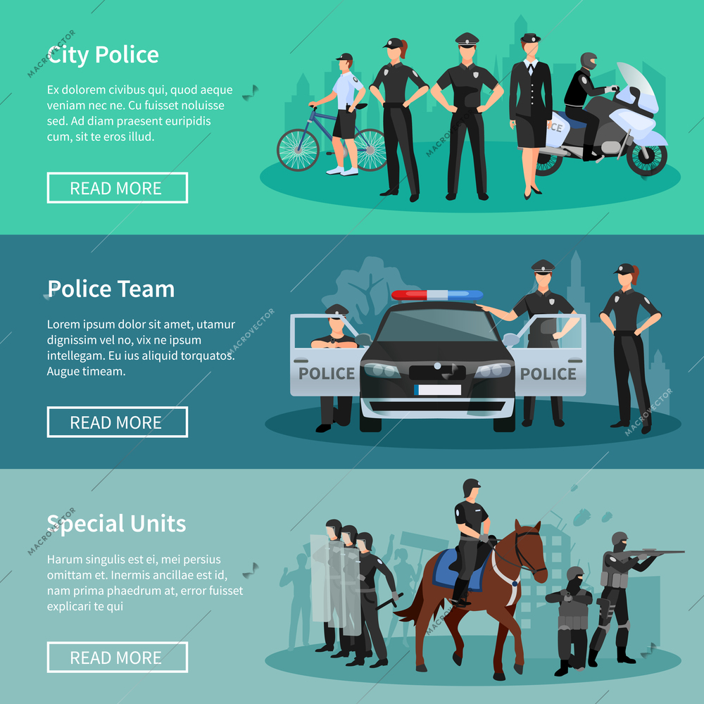 Police people flat horizontal banners set of special units mounted police city police and police team with official vehicles vector illustration