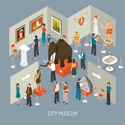 Cultural history city center museum exhibits galleries with antique archaeological finds isometric composition poster abstract vector illustration