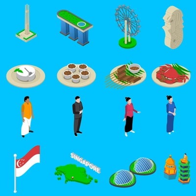 Singapore tourists attractions with national flag cultural symbols and food isometric icons set abstract vector isolated illustration