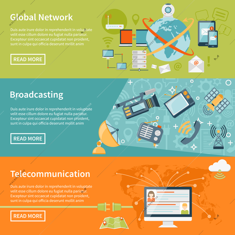 Telecommunication horizontal banners with information about global network elements broadcasting equipment and cloud worldwide technology flat vector illustration