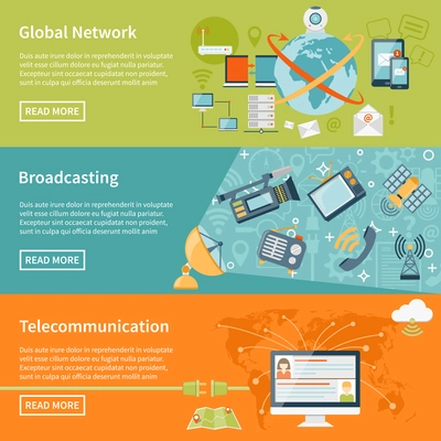 Telecommunication horizontal banners with information about global network elements broadcasting equipment and cloud worldwide technology flat vector illustration