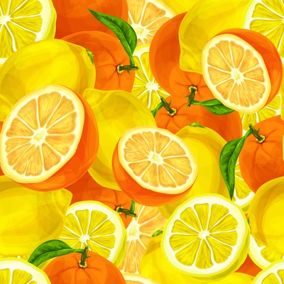 Seamless sliced juicy cut whole lemons and oranges with leaves pattern background vector illustration