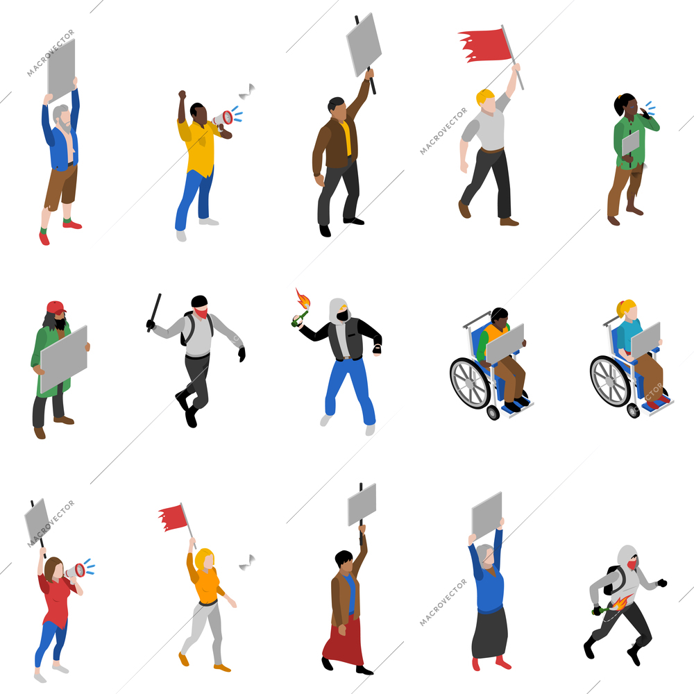 Protest march rally and static nonviolent demonstration participants with  streamers isometric icons set abstract isolated vector illustration