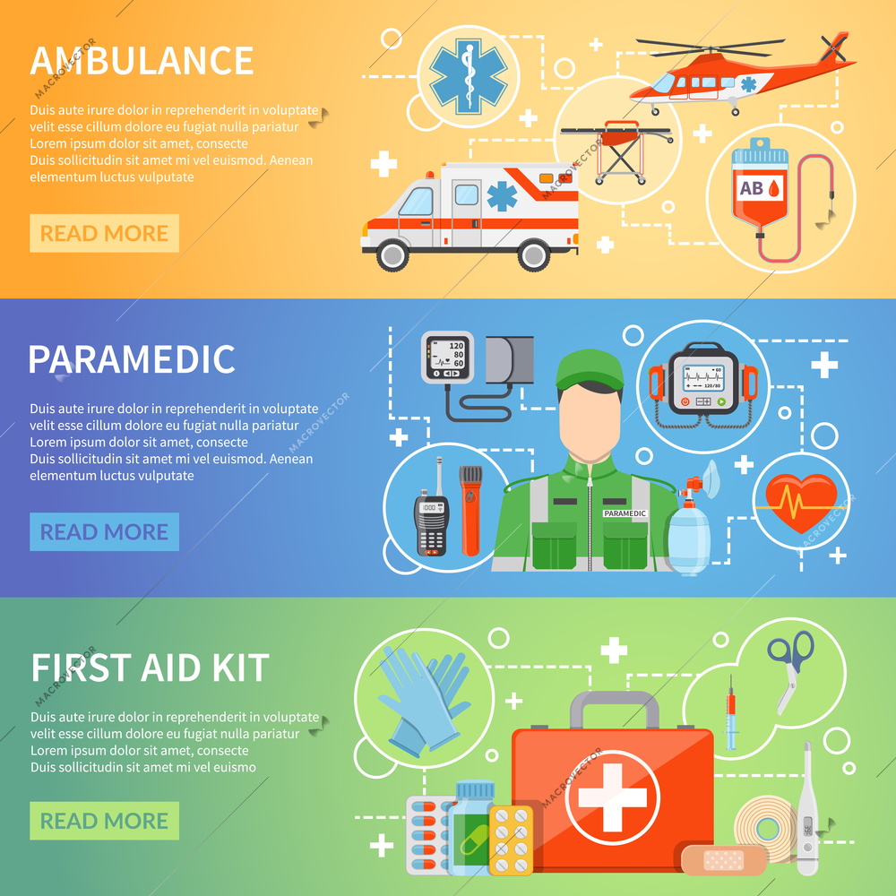 Paramedic horizontal banners with medicine chest ambulance air and car transport and medical assistant figure flat vector illustration