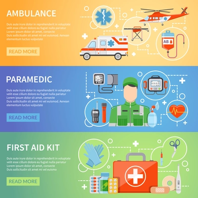 Paramedic horizontal banners with medicine chest ambulance air and car transport and medical assistant figure flat vector illustration