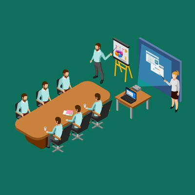 Isometric presentation room concept with clerks listening to reports vector illustration