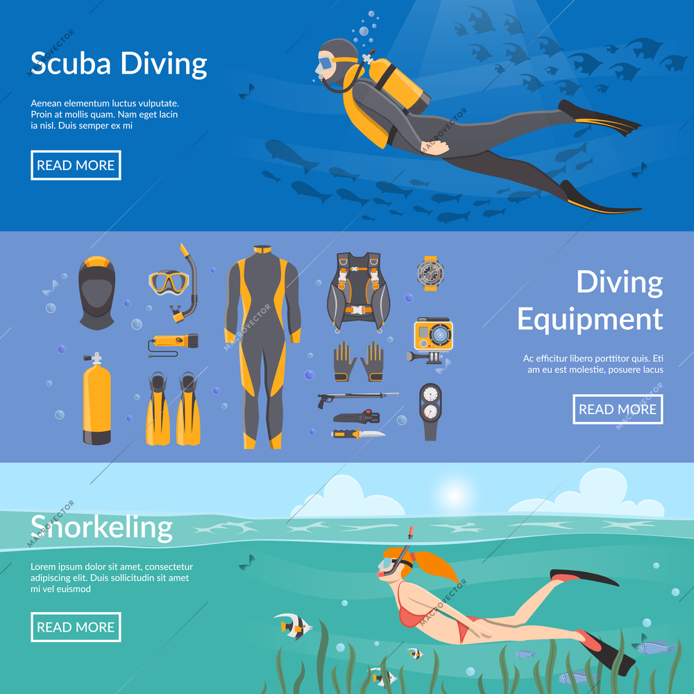 Diving and snorkeling advertising horizontal banners with diving equipment presentation and people figures with aqualung snorkel and flippers flat vector illustration
