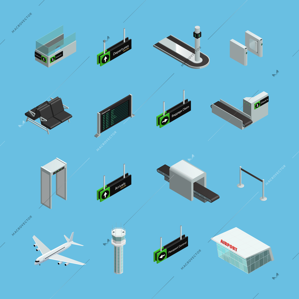 International airport terminals signs services and facilities isometric icons set on sky blue background isolated vector illustration