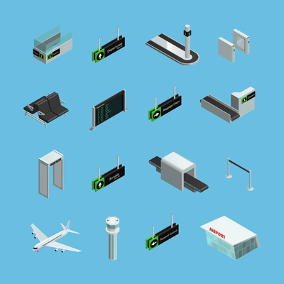 International airport terminals signs services and facilities isometric icons set on sky blue background isolated vector illustration