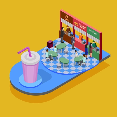 Fast food isometric concept with big glass and people eating in fast food restaurant on yellow background vector illustration