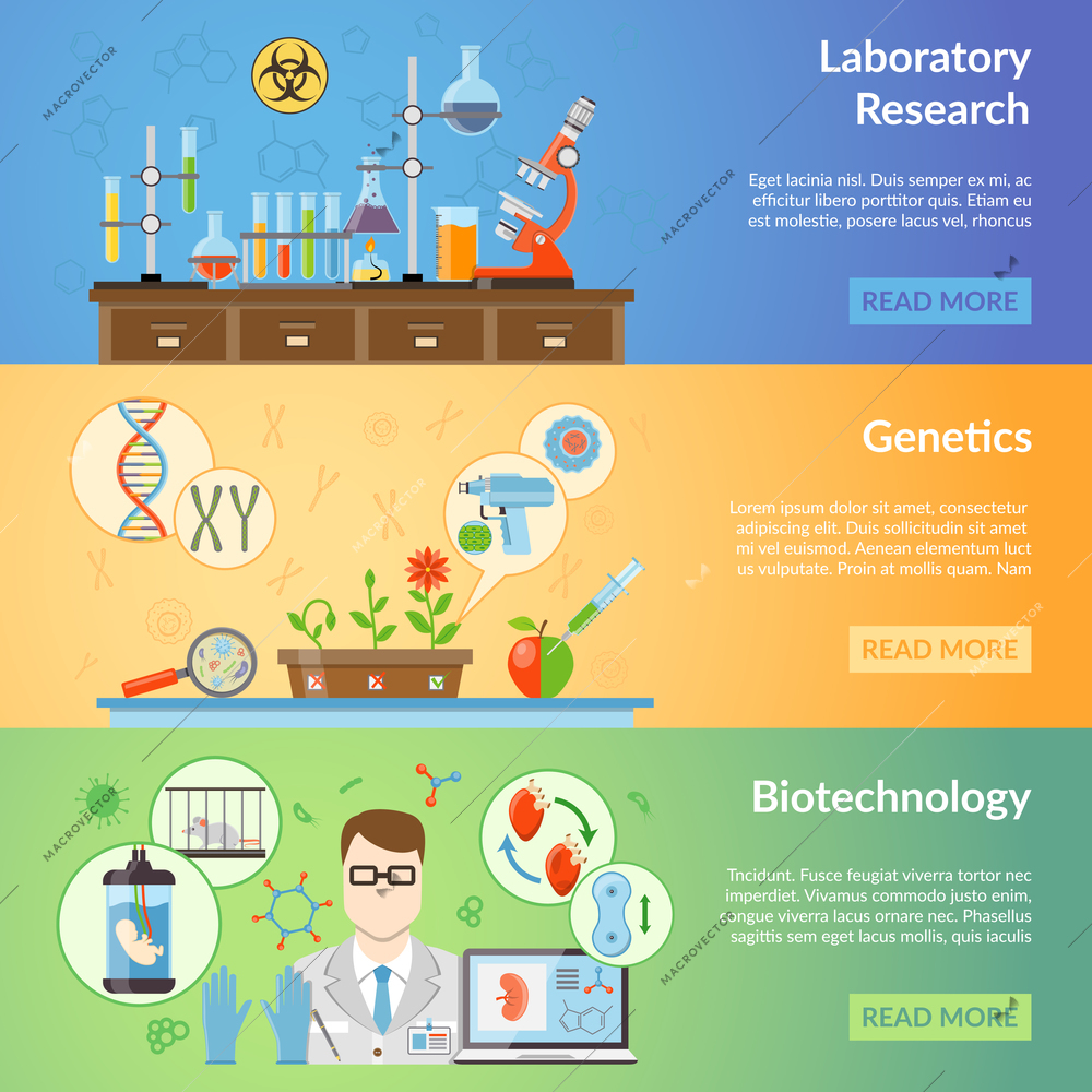 Biotechnology and genetics horizontal banners set with elements of biomaterials and laboratory equipment for realization of scientific experiments flat vector illustration