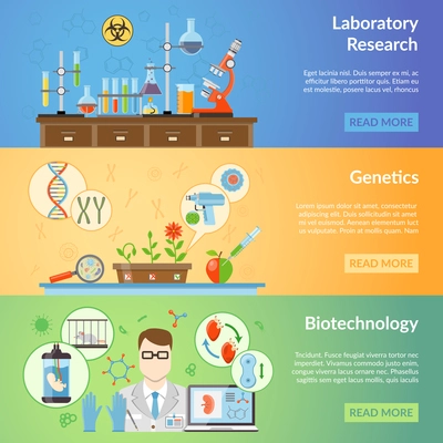 Biotechnology and genetics horizontal banners set with elements of biomaterials and laboratory equipment for realization of scientific experiments flat vector illustration