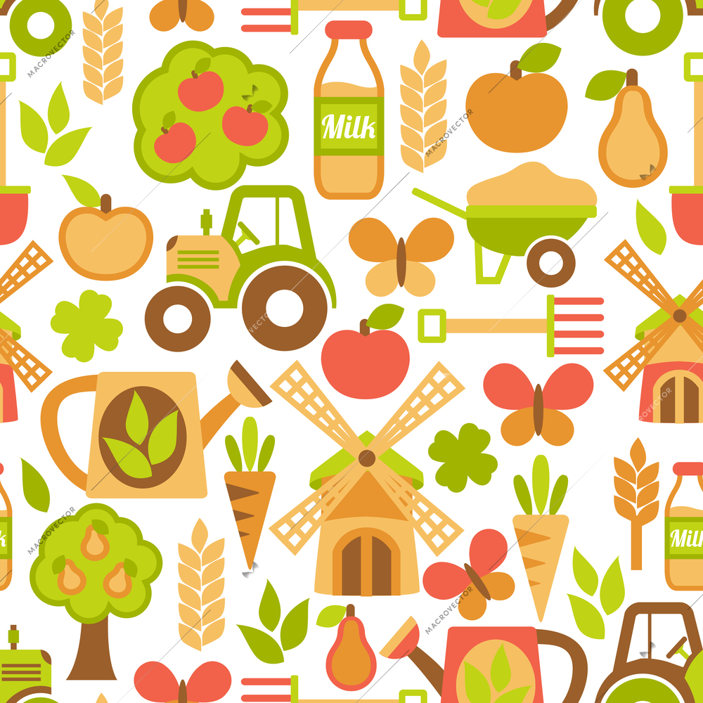 Farming harvesting and agriculture seamless pattern of mill tractor wheelbarrow and spade vector illustration