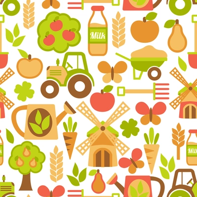 Farming harvesting and agriculture seamless pattern of mill tractor wheelbarrow and spade vector illustration