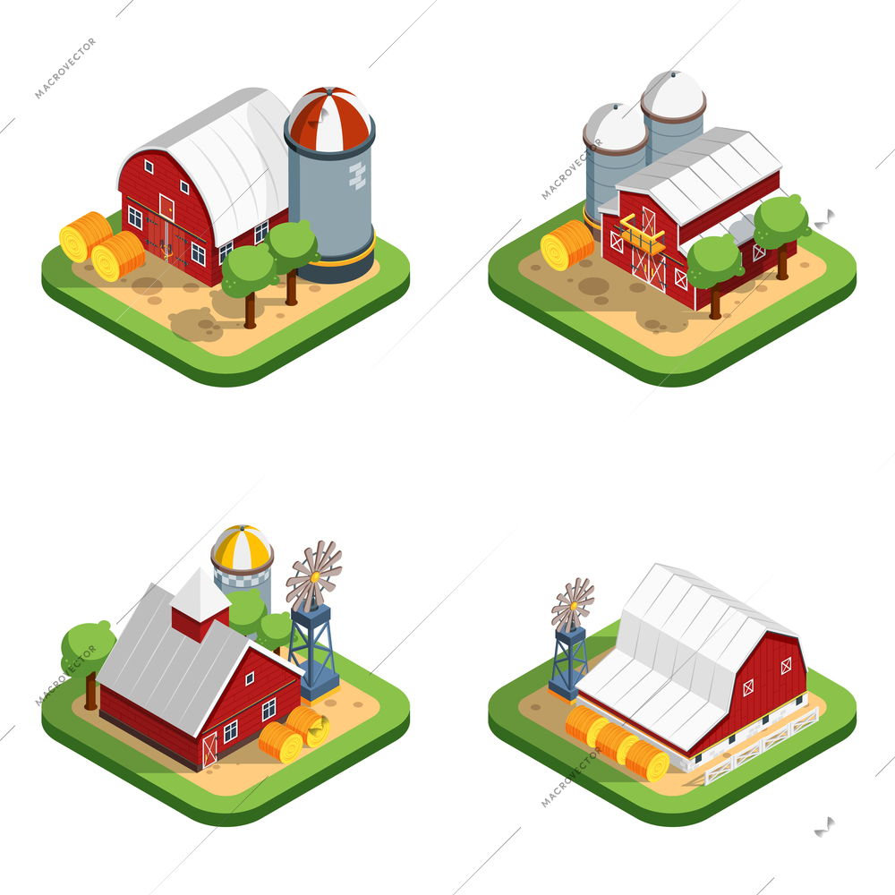 Countryside landscape isometric isolated compositions with farmhouse elevator haystack wind turbine design elements vector illustration