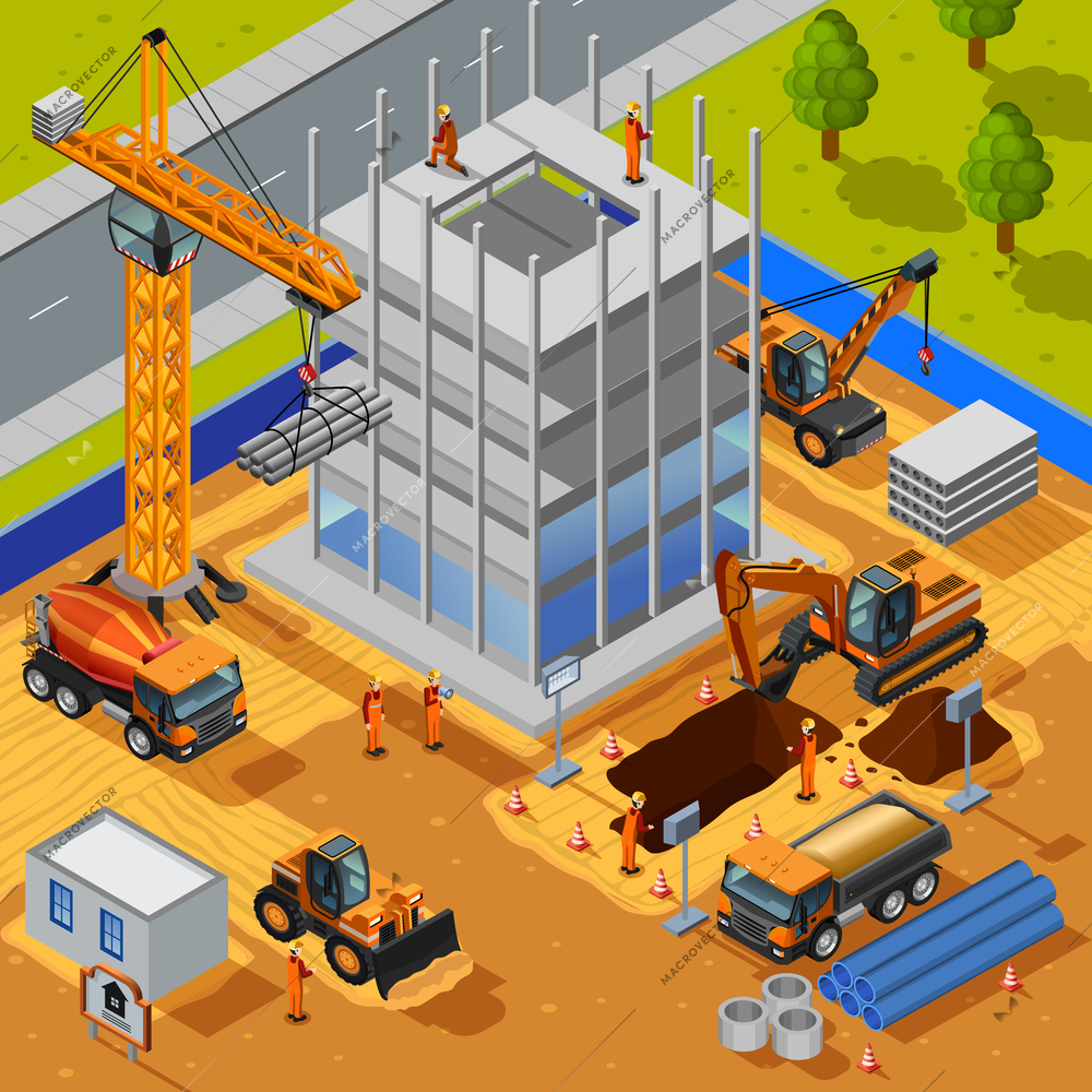 Construction of multistory building isometric design concept with crane bulldozer workers pipes concrete slabs flat vector illustration