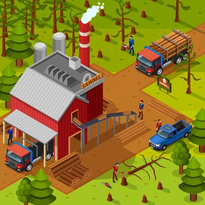 Lumberjack isometric composition with sawmill building vehicles for logs transportation and woodcutters on forest background flat vector illustration