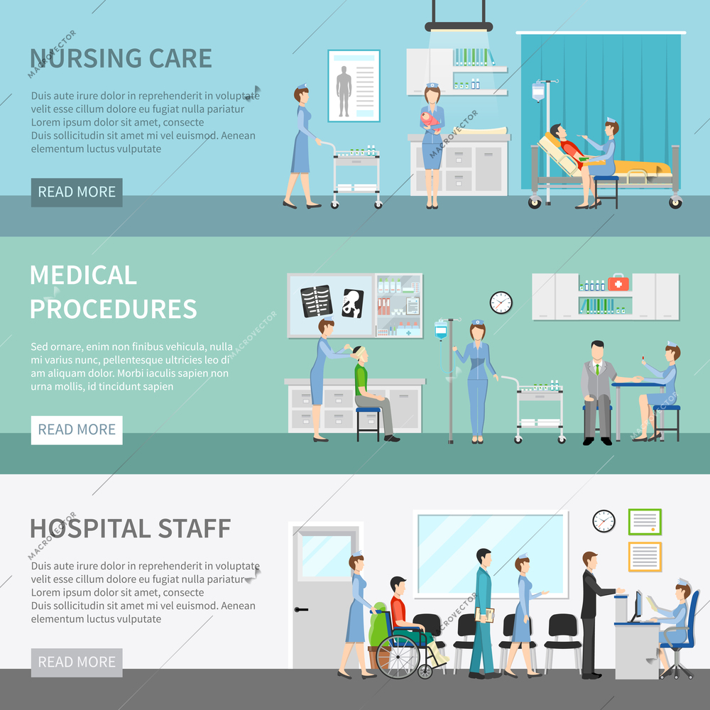 Health care horizontal banners with patients at clinic interior and nurses performing medical procedures flat vector illustration
