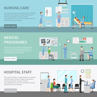 Health care horizontal banners with patients at clinic interior and nurses performing medical procedures flat vector illustration