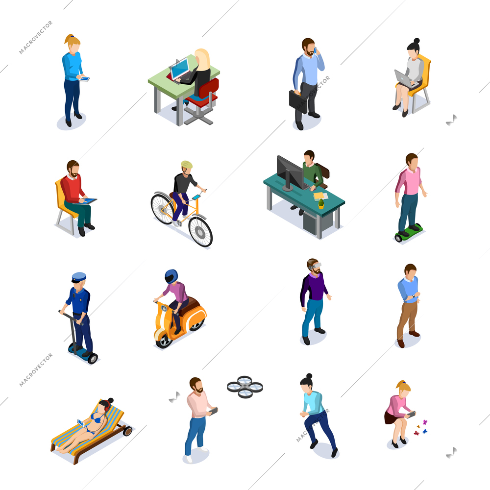 Isometric people icons set with men and women using different kinds of transport and electronic devices on white background