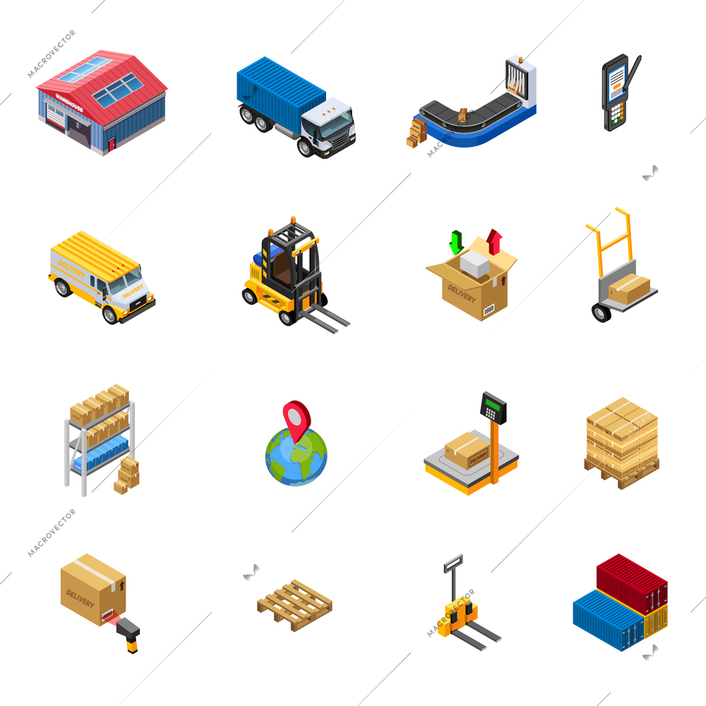 Warehouse isometric icons set with delivery transport and related elements on white background isolated vector illustration