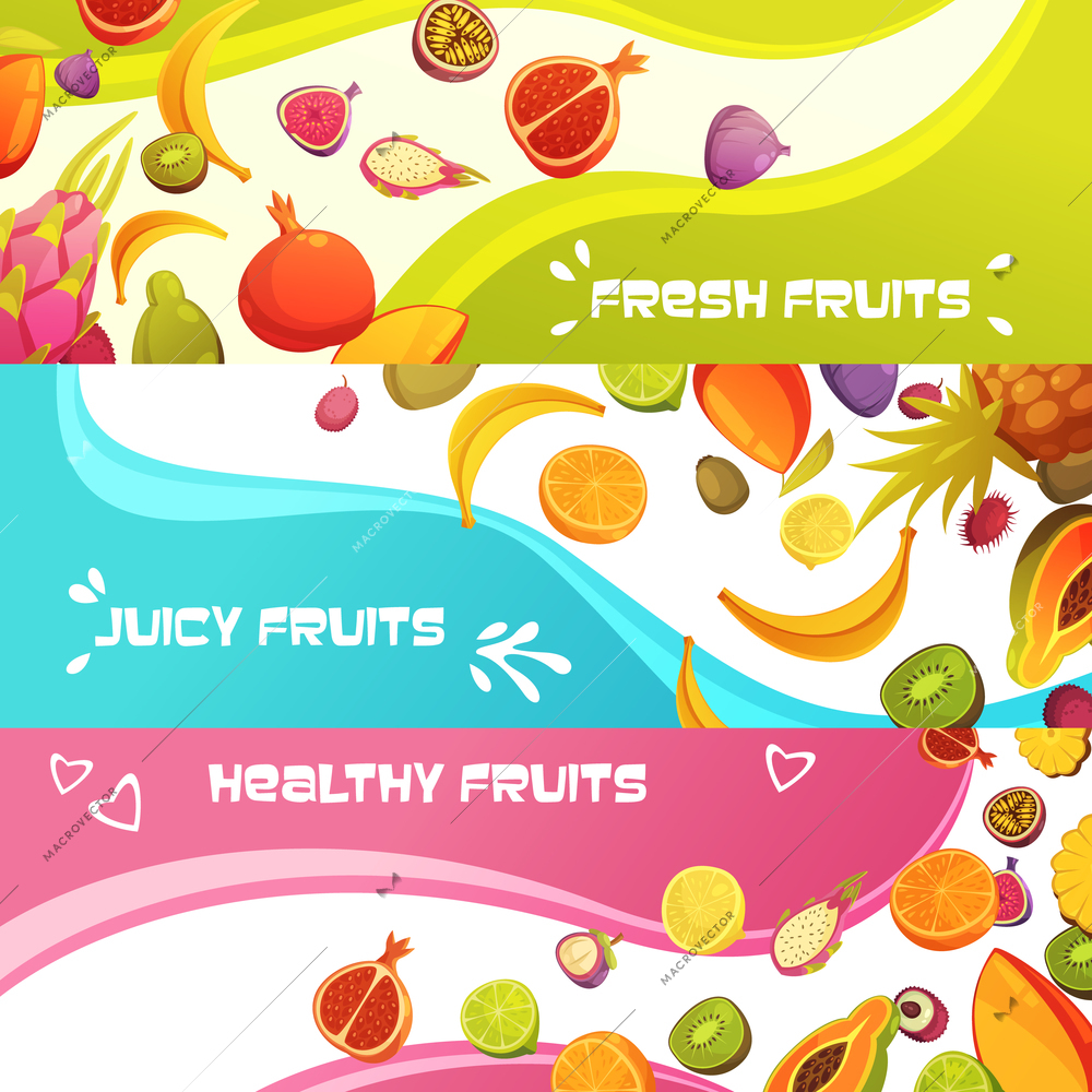 Healthy fresh fruits 3 colorful appetizing horizontal banners set with orange banana and pineapple abstract isolated vector illustration