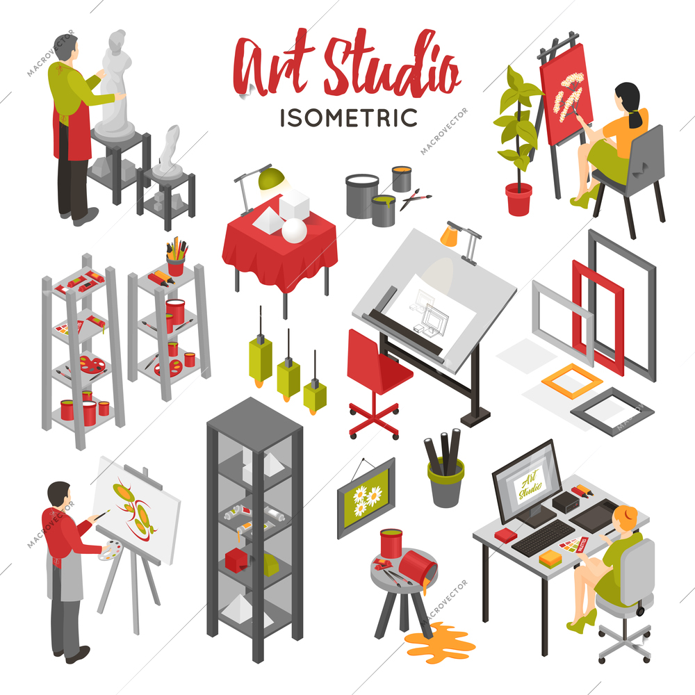 Art studio isometric set with painters graphic designer sculptor equipment and interior objects on white background isolated vector illustration