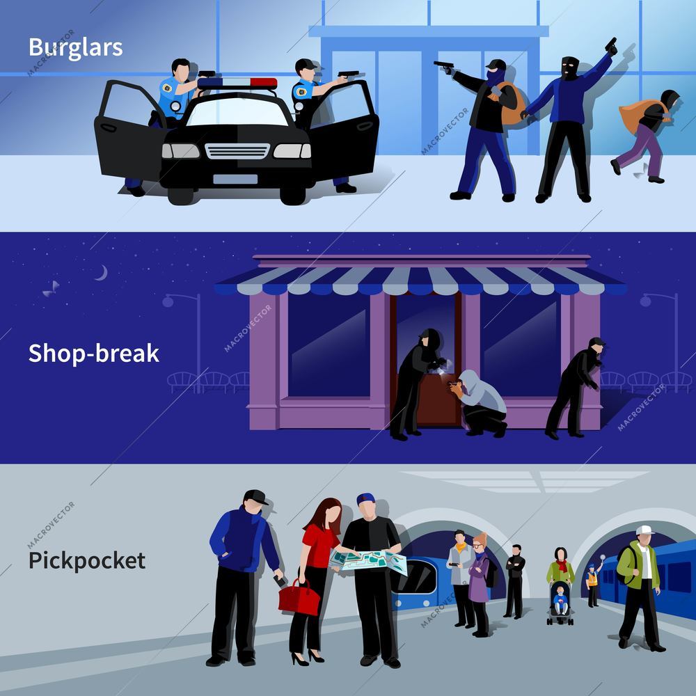 Horizontal armed burglars and criminals committing thefts in bank shop and metro flat banners isolated vector illustration